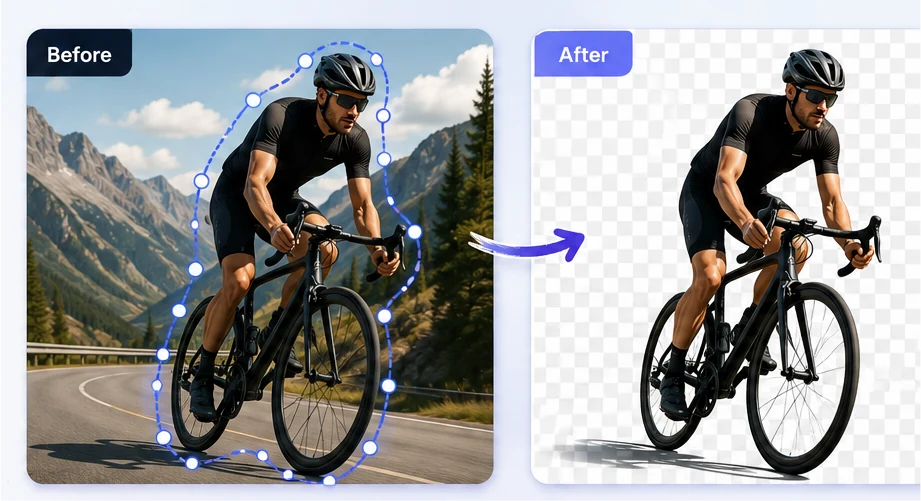 A cyclist photo before and after Magic Crop, showing the rider cut out onto a transparent background