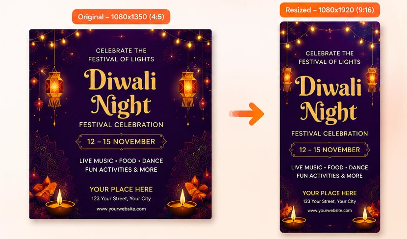 A 1080x1350 event poster automatically resized to a 1080x1920 story format with Smart Resizer